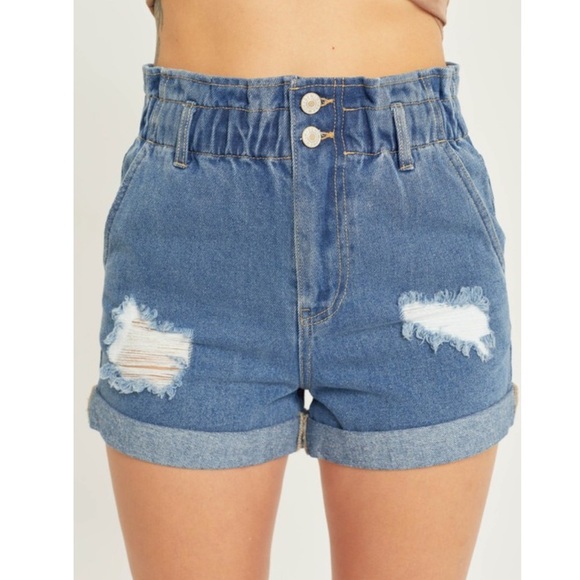 High Waisted Denim Shorts Elastic Waist Cuffed Hem Distressed Blue High Rise - Picture 2 of 7